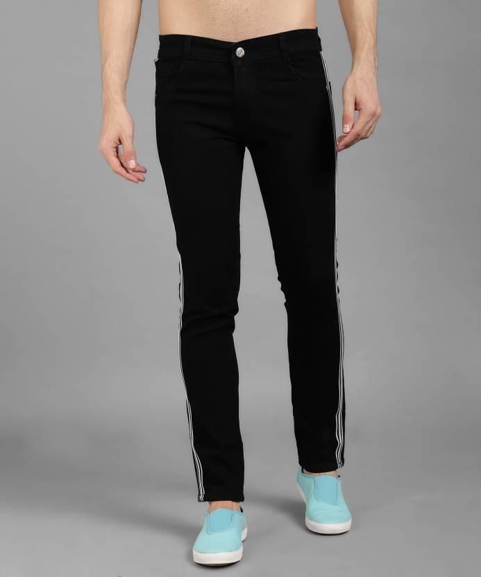 FUDE PRIDE Men's Slim Fit Mid Rise Side Tape Black Jeans