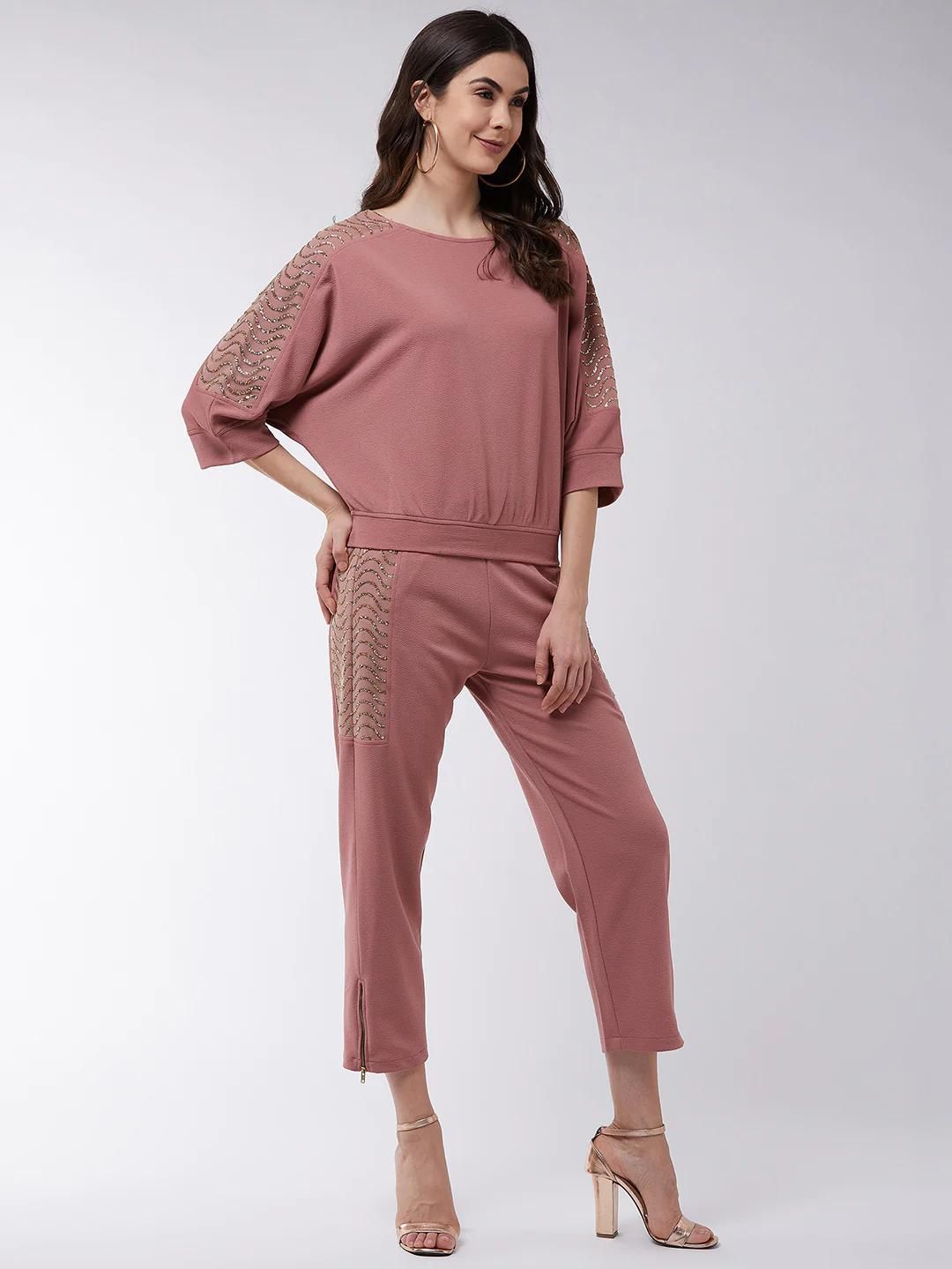 PANNKH Pink Solid Loose Top And Pant Set With Shimmer Details