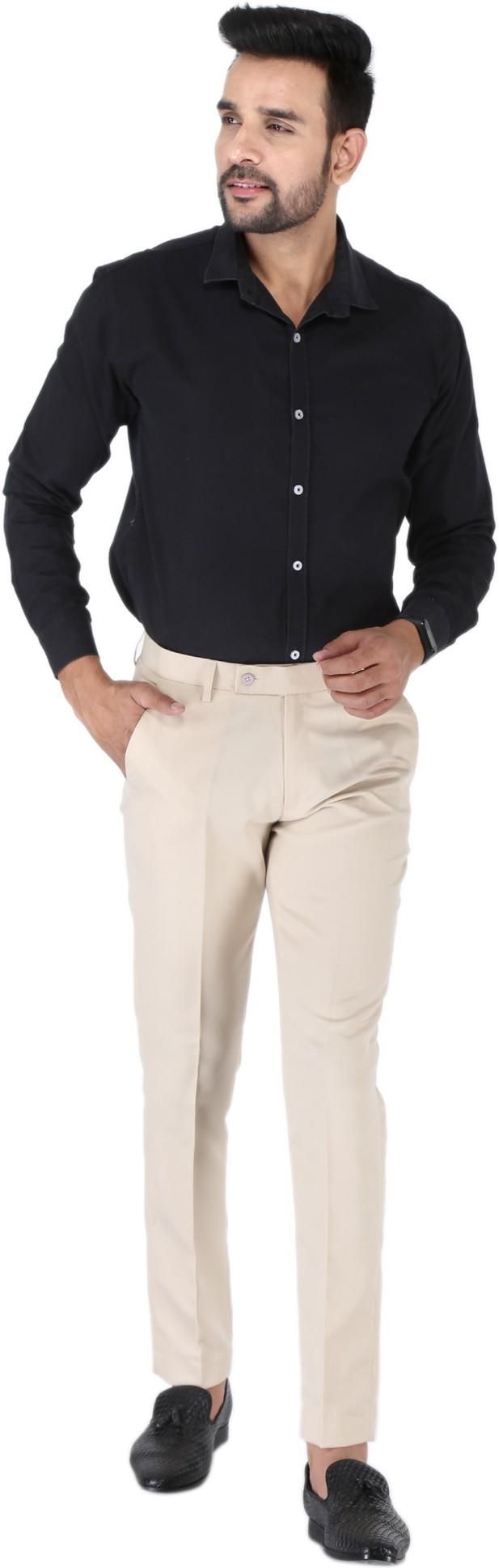 SREY Men Slim Fit Beige Polyester Blend Trousers