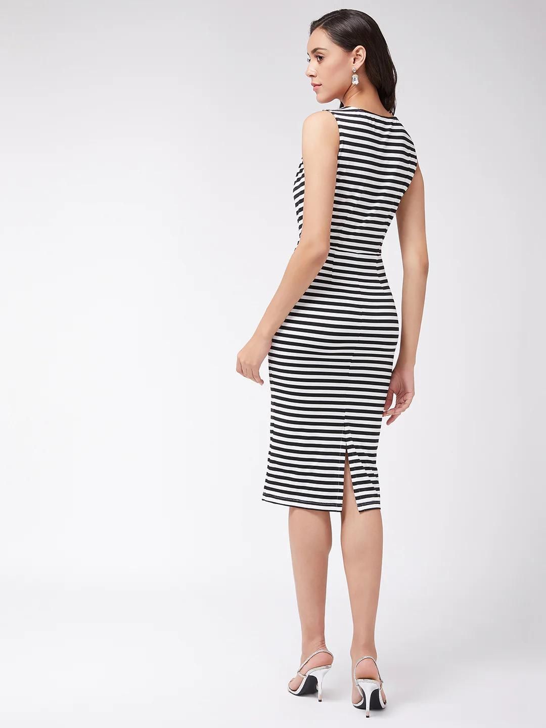 PANNKH Monocromatic Black & White Stripes Cowl Neck Dress