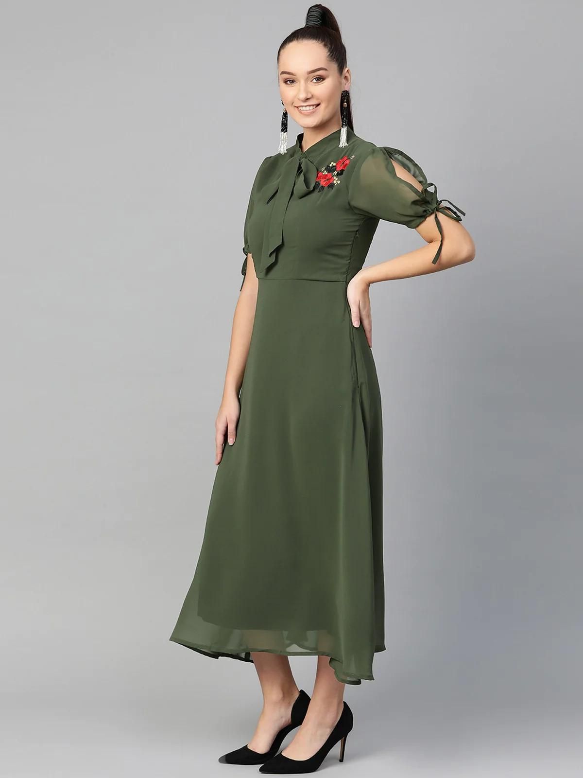 PANNKH Solid Olive Embroidered Maxi Dress With Tie-Up