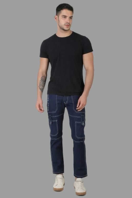 FUDE PRIDE Men's Slim Fit Mid Rise Printed Navy Blue Jeans