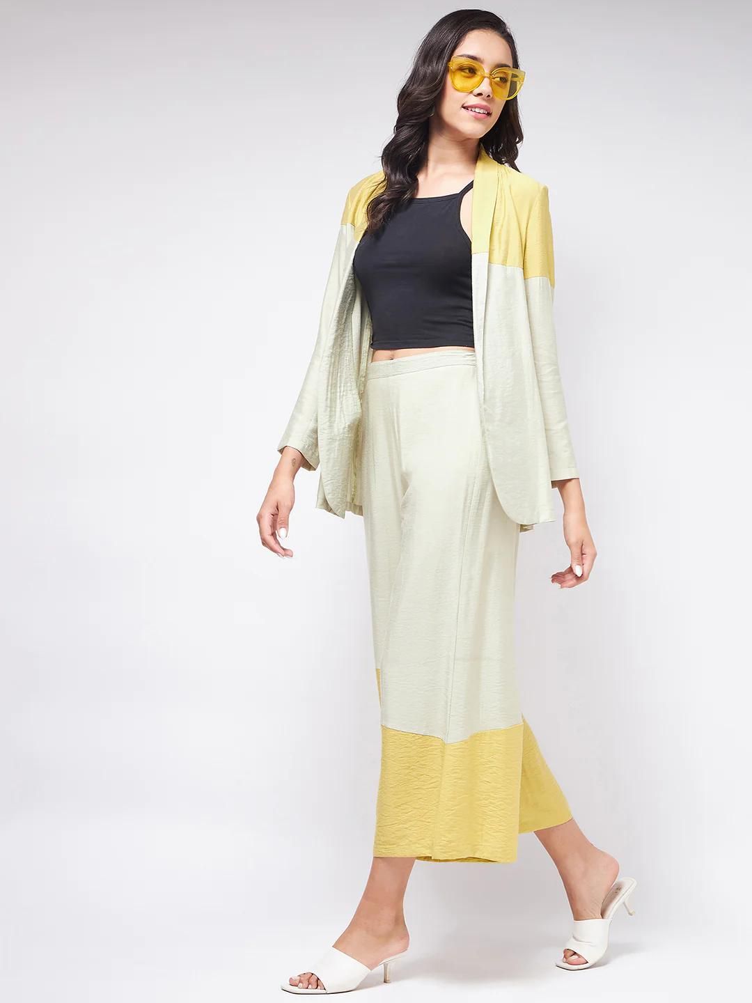 PANNKH Pista Green Flaunt Yourself In Solid Colorblock Blazer With Matching Pants Set