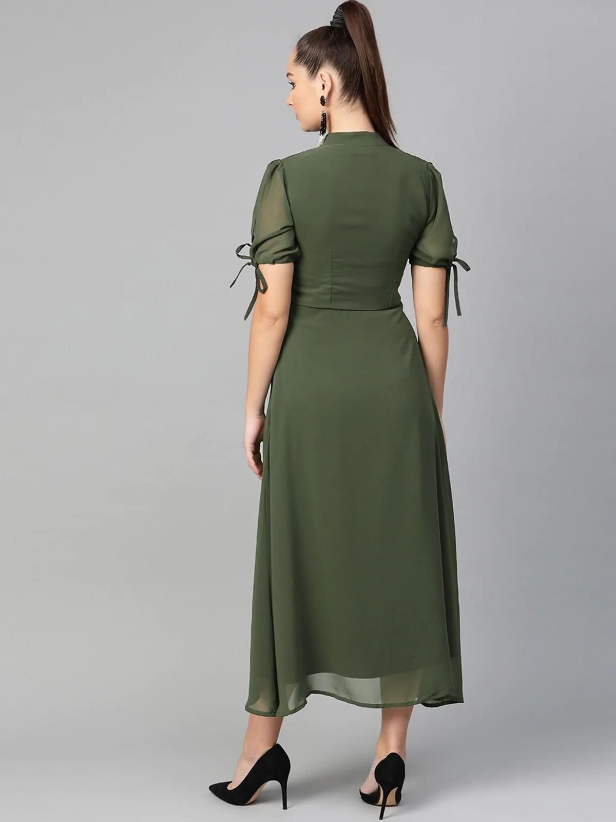 PANNKH Solid Olive Embroidered Maxi Dress With Tie-Up