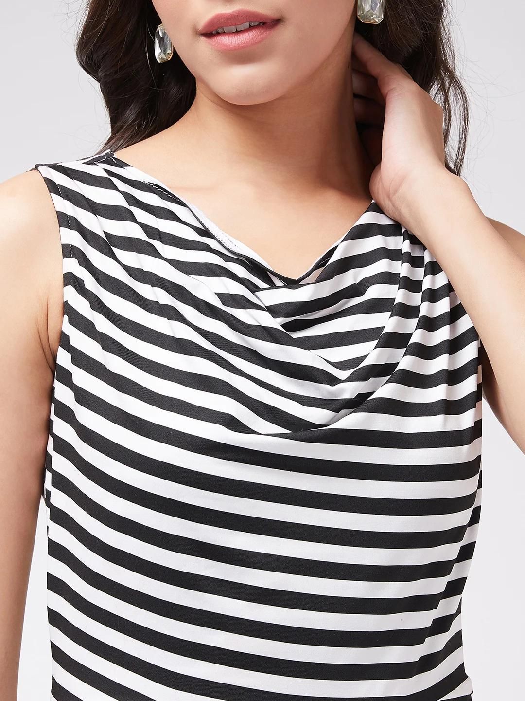 PANNKH Monocromatic Black & White Stripes Cowl Neck Dress